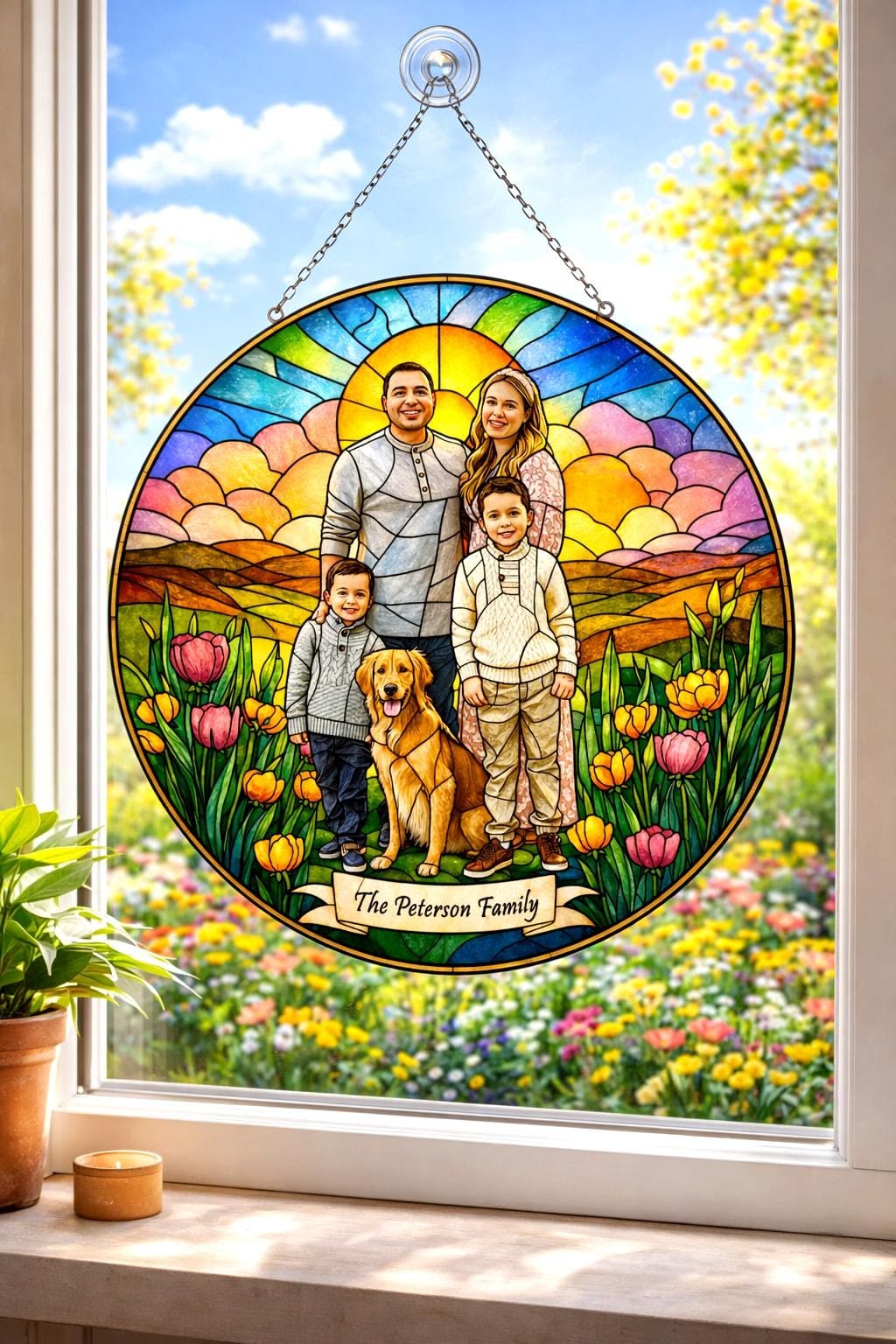 Custom Wedding Photo Suncatcher with Dog | Personalized Stained Glass Style Wedding Portrait | Bride & Groom Gift from Photo
