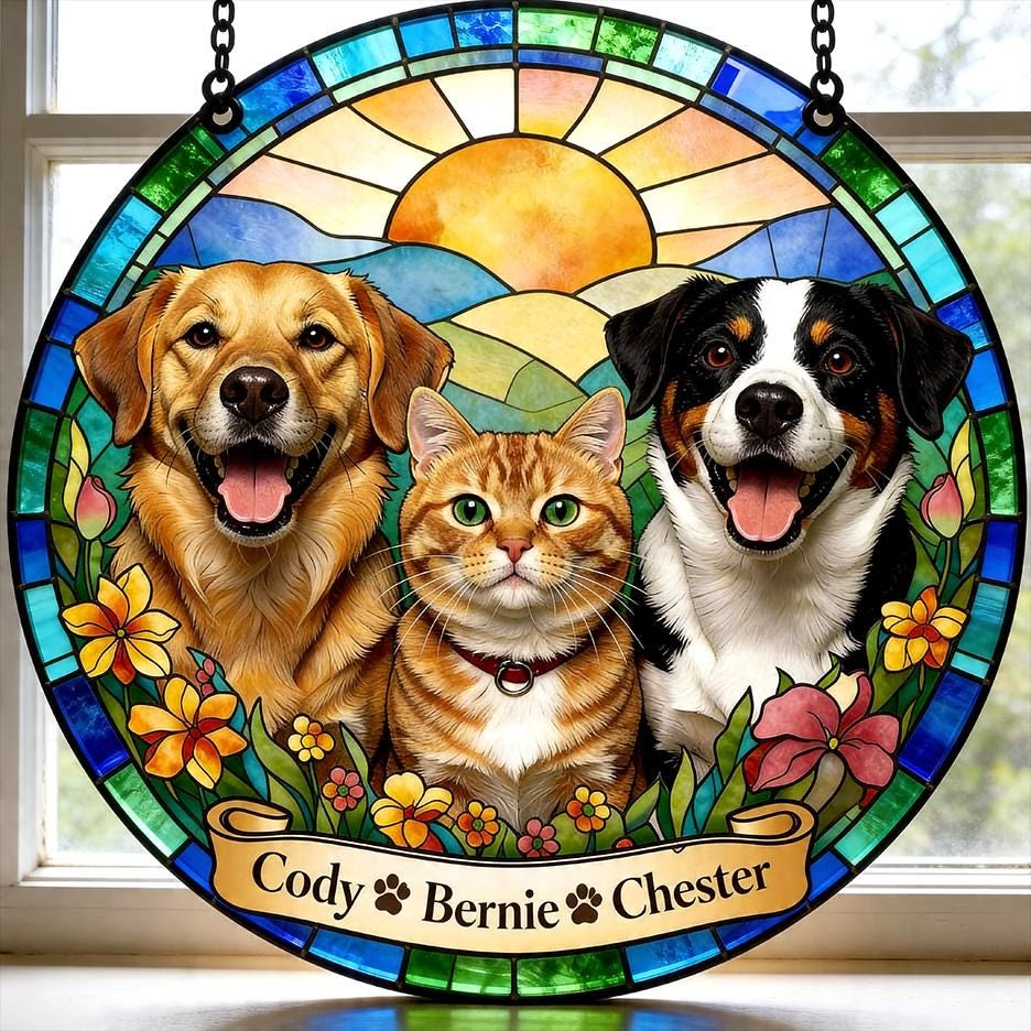 Custom Pet Stained Glass Portrait | Personalized Pet Memorial & Suncatcher Style Artwork | Handmade-Look Pet Window Art | Sparky's Pet Art